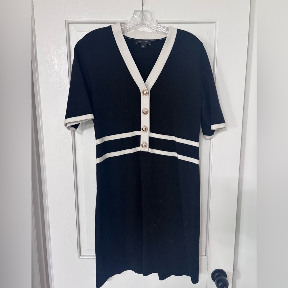Ann Taylor Black and White Buttoned Mini  Sweater Dress